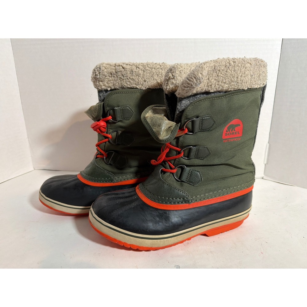Sorel Yoot Pac Nylon Waterproof Winter Boots Olive Green Orange NY1879-347 Sz 5